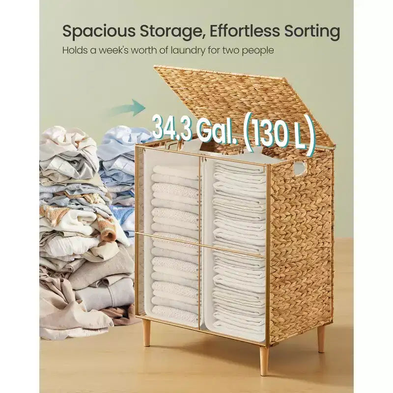 Cesta portabiancheria a 2 sezioni con coperchio, caffè/naturale, 130 litri, per 1-2 persone