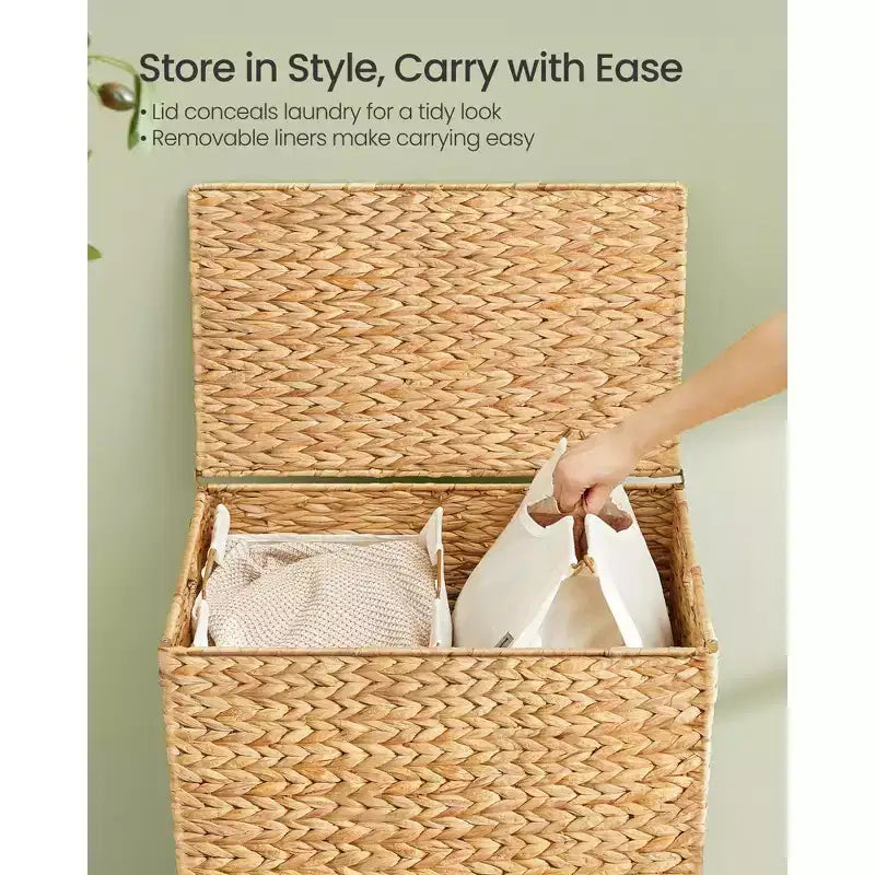 Cesta portabiancheria a 2 sezioni con coperchio, caffè/naturale, 130 litri, per 1-2 persone