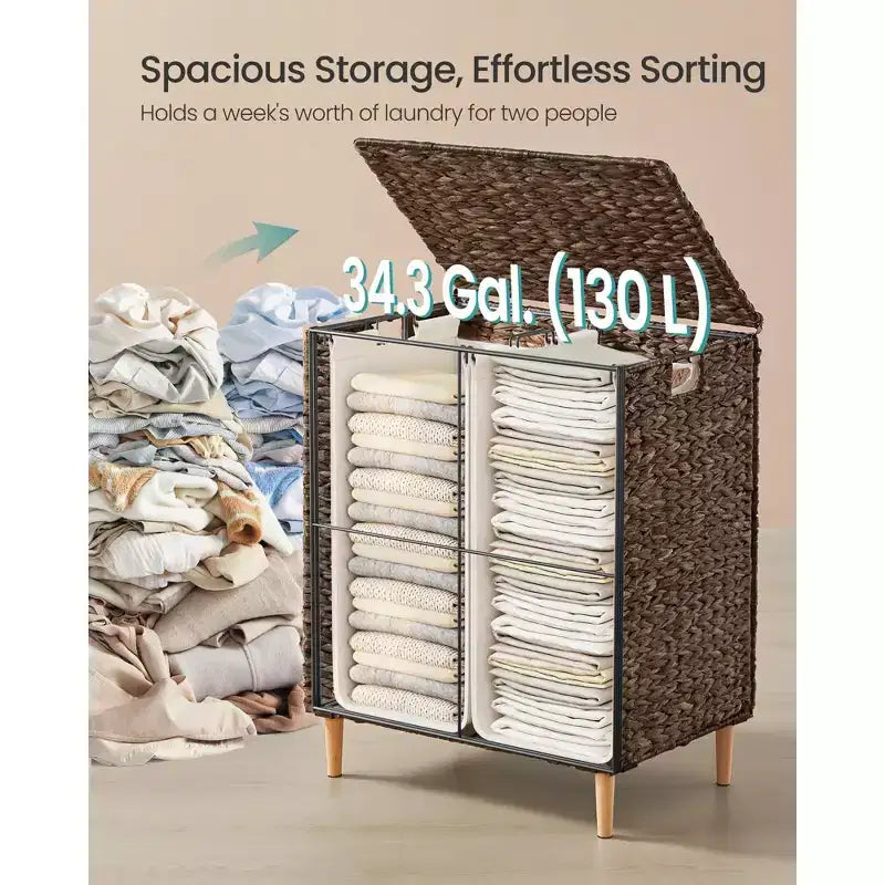 Cesta portabiancheria a 2 sezioni con coperchio, caffè/naturale, 130 litri, per 1-2 persone