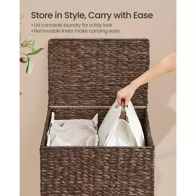 Cesta portabiancheria a 2 sezioni con coperchio, caffè/naturale, 130 litri, per 1-2 persone