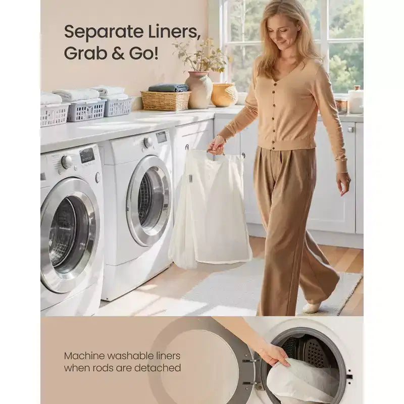 Cesta portabiancheria a 2 sezioni con coperchio, caffè/naturale, 130 litri, per 1-2 persone