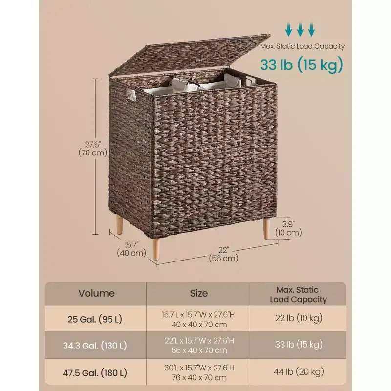 Cesta portabiancheria a 2 sezioni con coperchio, caffè/naturale, 130 litri, per 1-2 persone