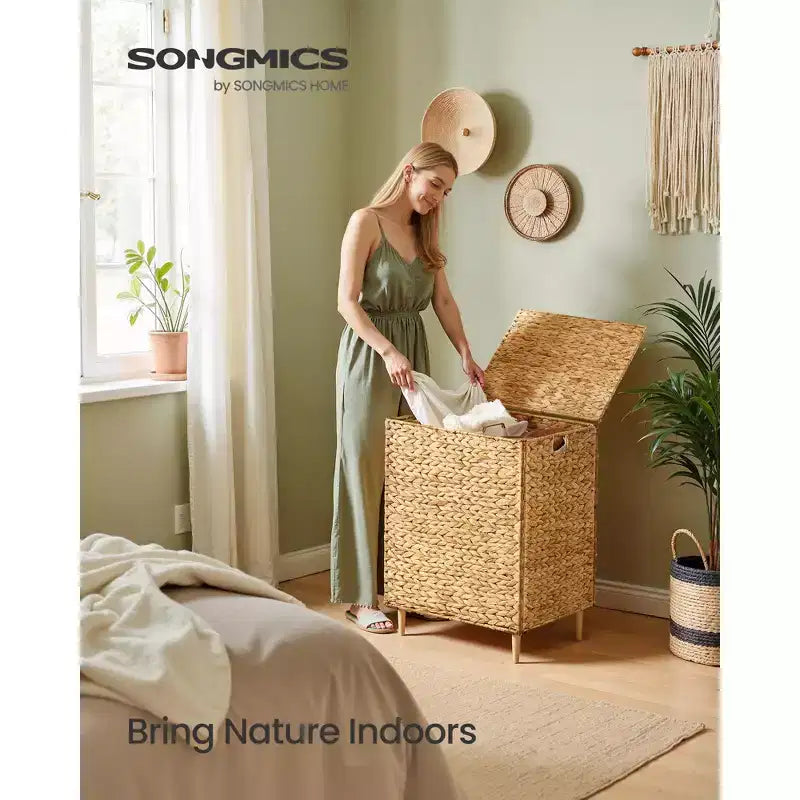 Cesta portabiancheria a 2 sezioni con coperchio, caffè/naturale, 130 litri, per 1-2 persone
