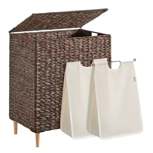 SONGMICS Laundry Hamper 2 Sections, 34.3 Gal. (130 L) Handwoven Water Hyacinth Wicker, with Lid, Removable Washable Liners, Handles