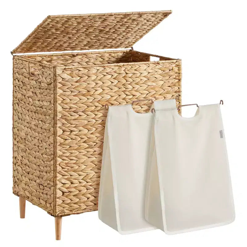 Cesta portabiancheria a 2 sezioni con coperchio, caffè/naturale, 130 litri, per 1-2 persone
