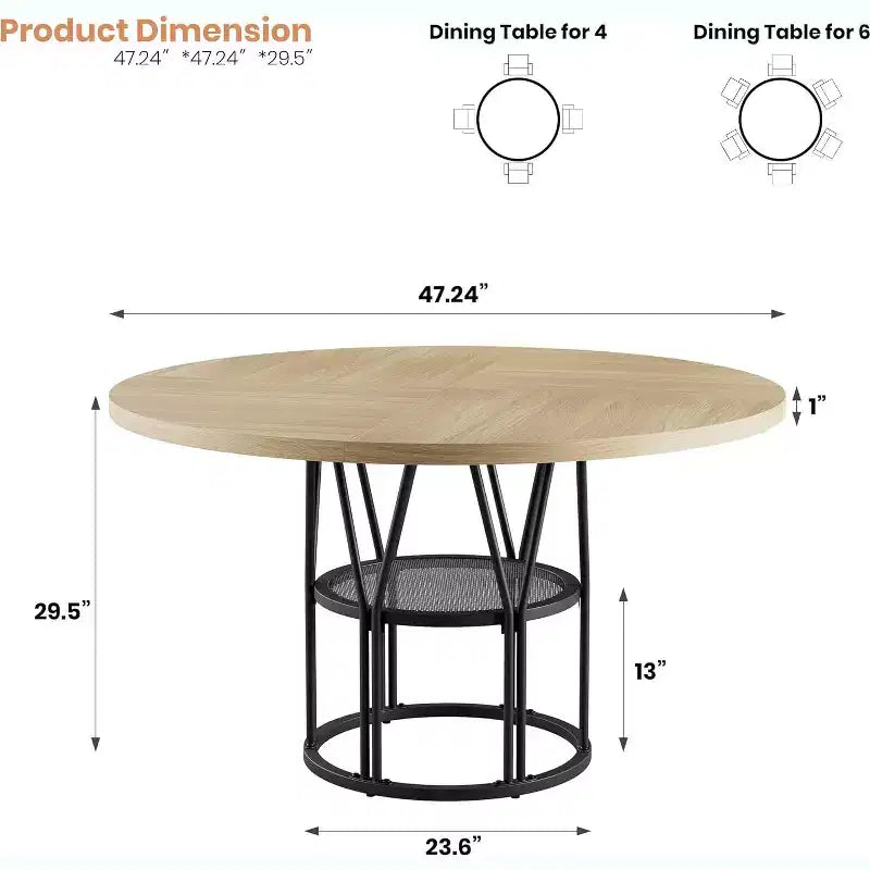 Tavolo da pranzo rotondo da 47" con ripiano, nero/marrone/naturale, 4-6 posti a sedere