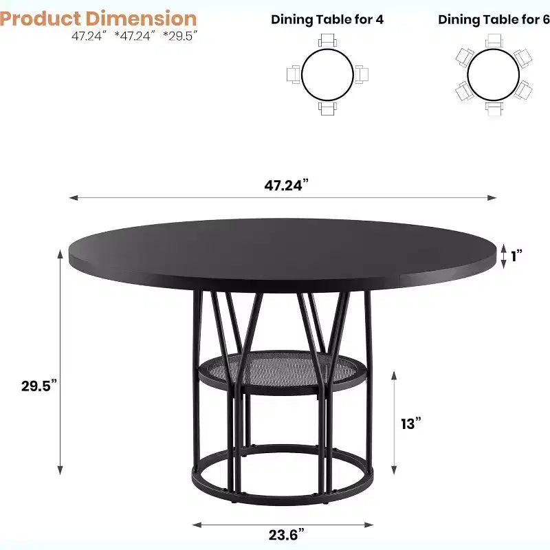 Tavolo da pranzo rotondo da 47" con ripiano, nero/marrone/naturale, 4-6 posti a sedere