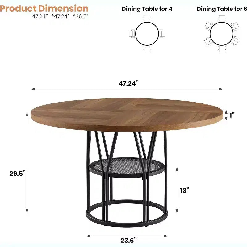 Tavolo da pranzo rotondo da 47" con ripiano, nero/marrone/naturale, 4-6 posti a sedere