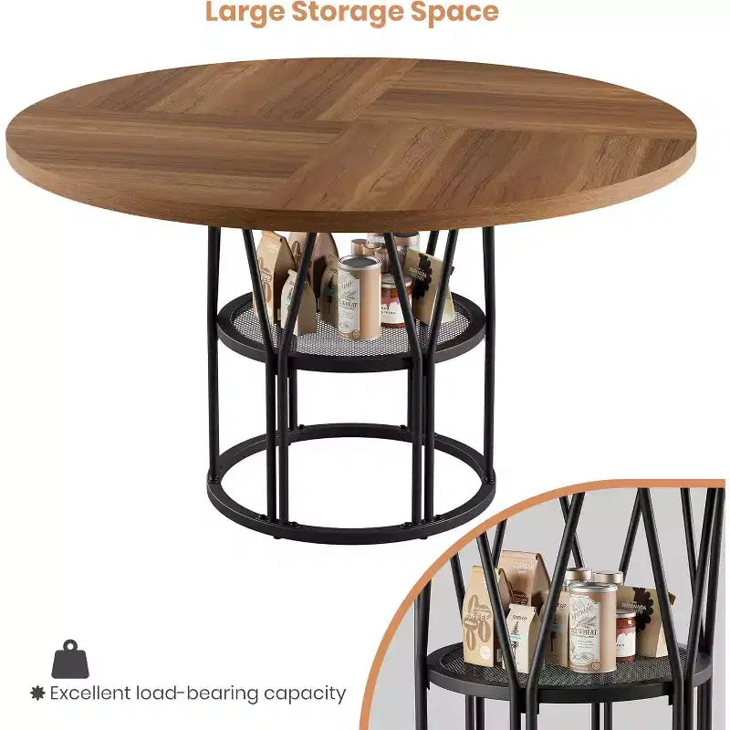 Tavolo da pranzo rotondo da 47" con ripiano, nero/marrone/naturale, 4-6 posti a sedere