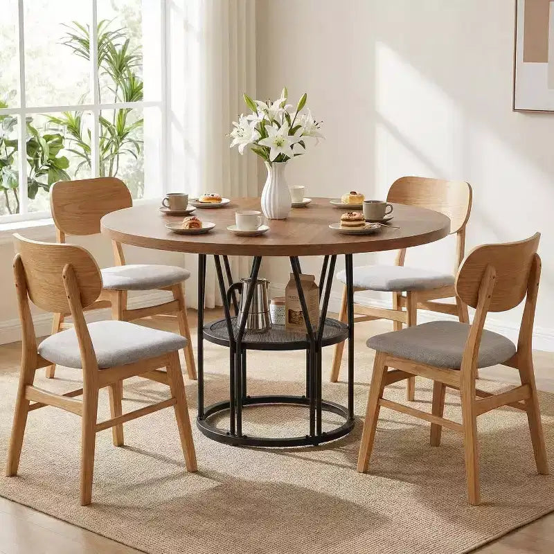 Tavolo da pranzo rotondo da 47" con ripiano, nero/marrone/naturale, 4-6 posti a sedere