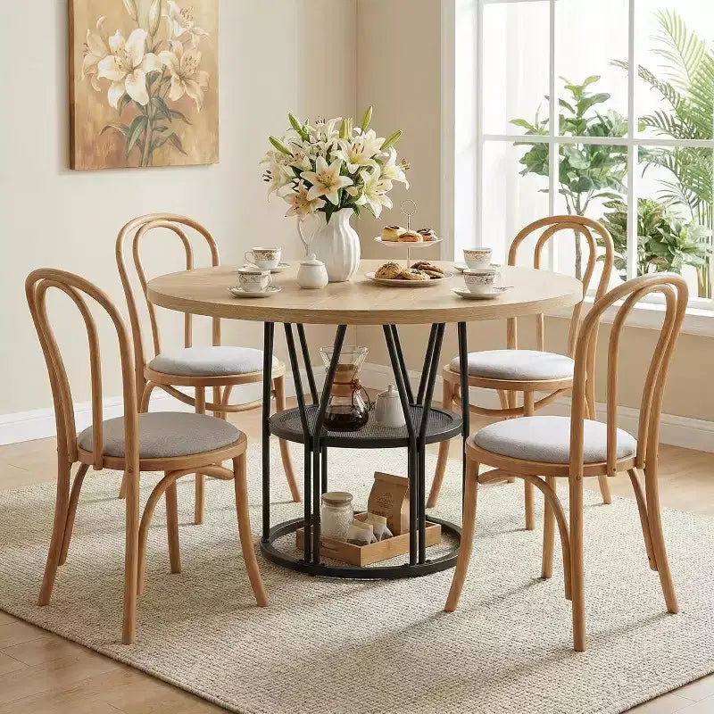 Tavolo da pranzo rotondo da 47" con ripiano, nero/marrone/naturale, 4-6 posti a sedere