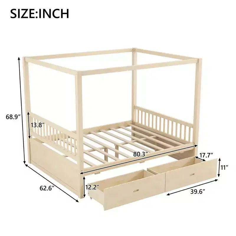 Struttura Letto a Baldacchino in Legno con 2 Cassetti Contenitore, Naturale/Noce, Queen/King, 2 Posti