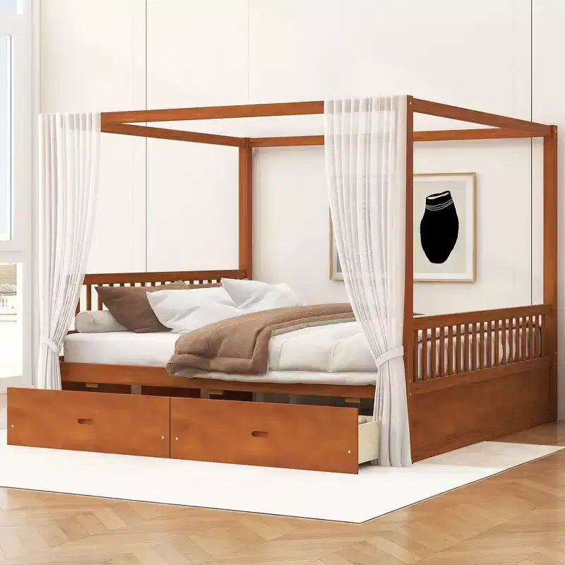 Struttura Letto a Baldacchino in Legno con 2 Cassetti Contenitore, Naturale/Noce, Queen/King, 2 Posti