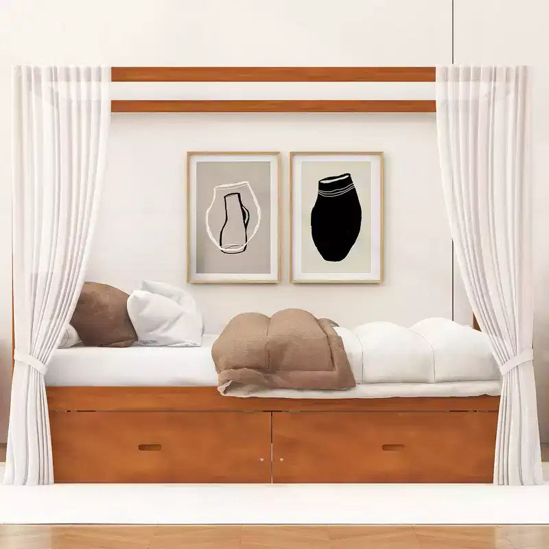 Struttura Letto a Baldacchino in Legno con 2 Cassetti Contenitore, Naturale/Noce, Queen/King, 2 Posti