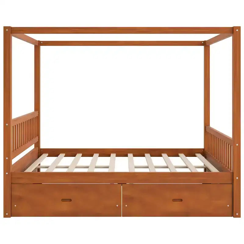 Struttura Letto a Baldacchino in Legno con 2 Cassetti Contenitore, Naturale/Noce, Queen/King, 2 Posti