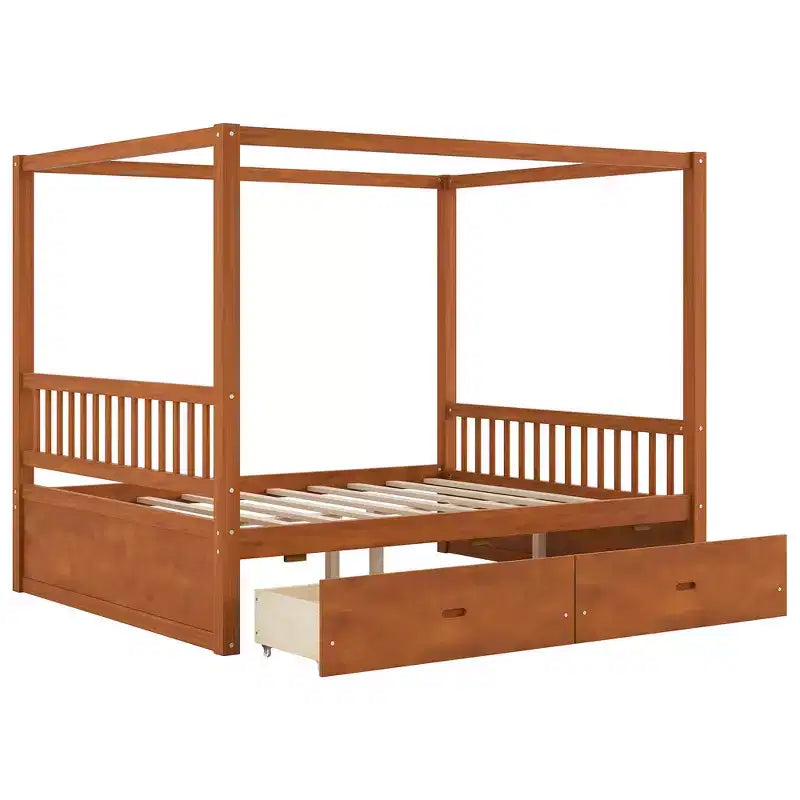 Struttura Letto a Baldacchino in Legno con 2 Cassetti Contenitore, Naturale/Noce, Queen/King, 2 Posti