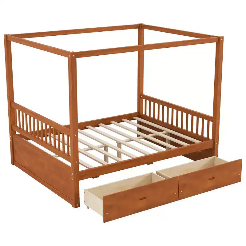 Struttura Letto a Baldacchino in Legno con 2 Cassetti Contenitore, Naturale/Noce, Queen/King, 2 Posti