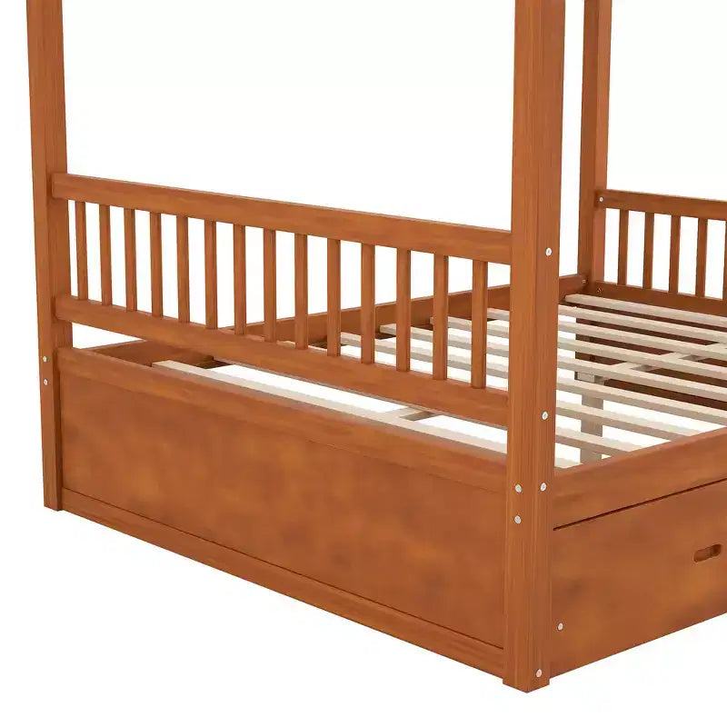 Struttura Letto a Baldacchino in Legno con 2 Cassetti Contenitore, Naturale/Noce, Queen/King, 2 Posti