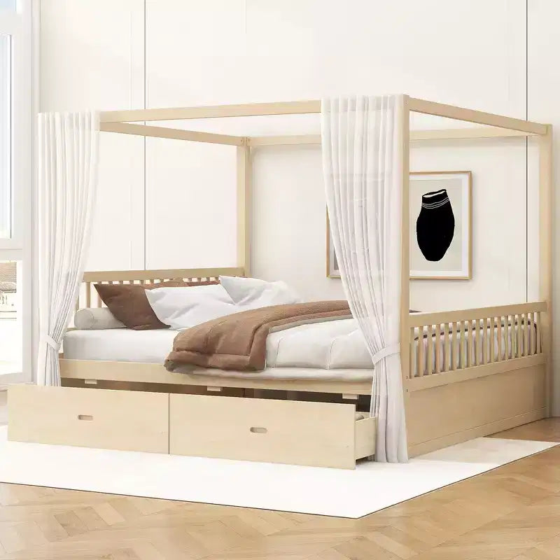 Struttura Letto a Baldacchino in Legno con 2 Cassetti Contenitore, Naturale/Noce, Queen/King, 2 Posti