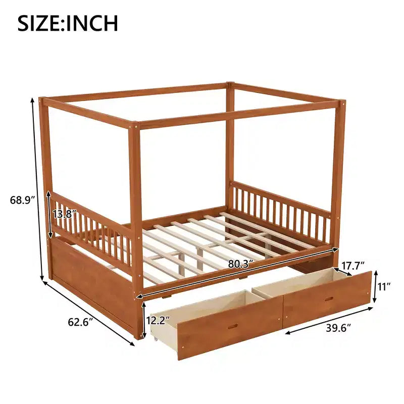 Struttura Letto a Baldacchino in Legno con 2 Cassetti Contenitore, Naturale/Noce, Queen/King, 2 Posti