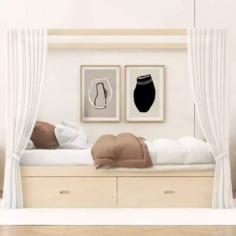Struttura Letto a Baldacchino in Legno con 2 Cassetti Contenitore, Naturale/Noce, Queen/King, 2 Posti
