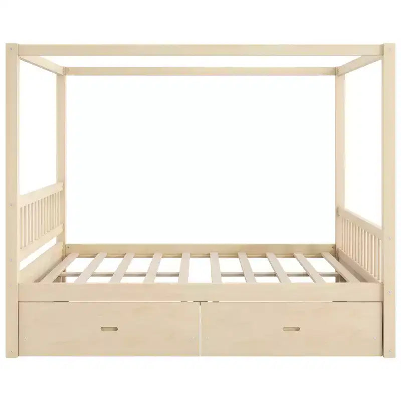 Struttura Letto a Baldacchino in Legno con 2 Cassetti Contenitore, Naturale/Noce, Queen/King, 2 Posti