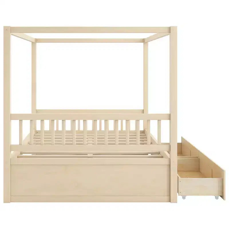 Struttura Letto a Baldacchino in Legno con 2 Cassetti Contenitore, Naturale/Noce, Queen/King, 2 Posti