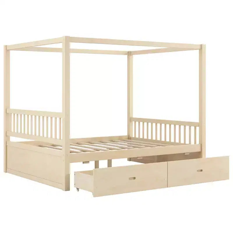 Struttura Letto a Baldacchino in Legno con 2 Cassetti Contenitore, Naturale/Noce, Queen/King, 2 Posti