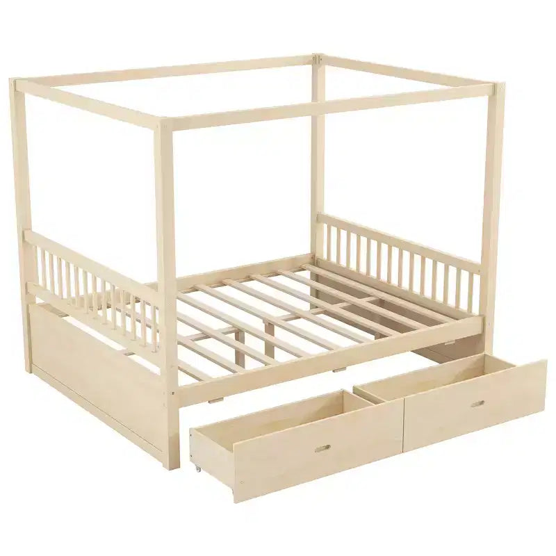 Struttura Letto a Baldacchino in Legno con 2 Cassetti Contenitore, Naturale/Noce, Queen/King, 2 Posti