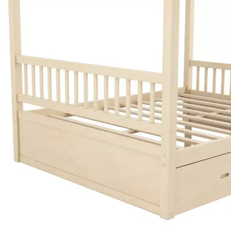 Struttura Letto a Baldacchino in Legno con 2 Cassetti Contenitore, Naturale/Noce, Queen/King, 2 Posti