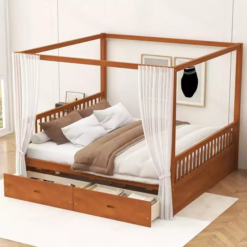 Struttura Letto a Baldacchino in Legno con 2 Cassetti Contenitore, Naturale/Noce, Queen/King, 2 Posti