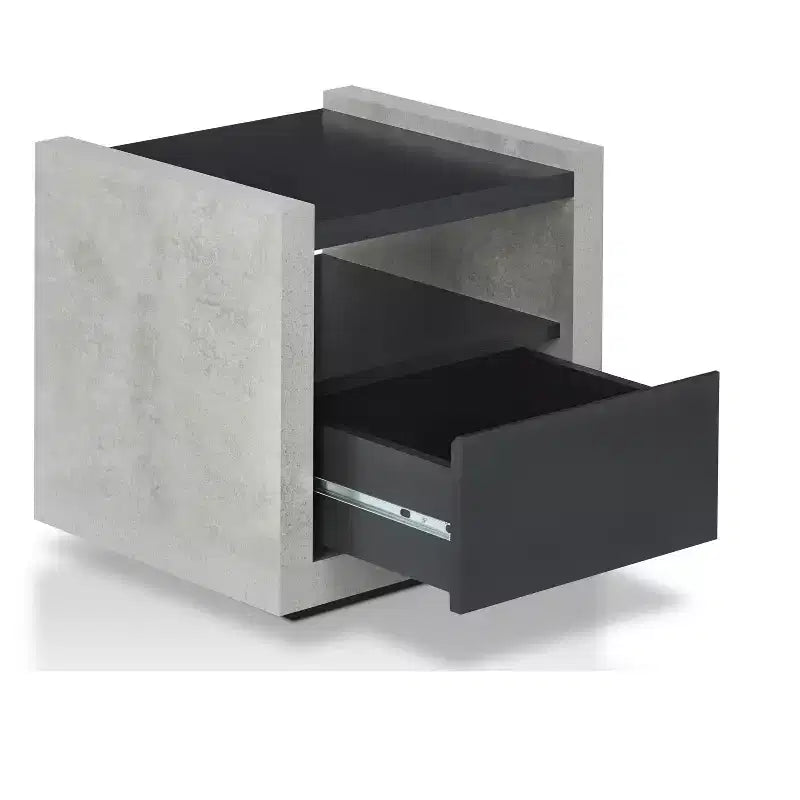 Tavolino industriale nero e grigio con cassetto e ripiano aperto