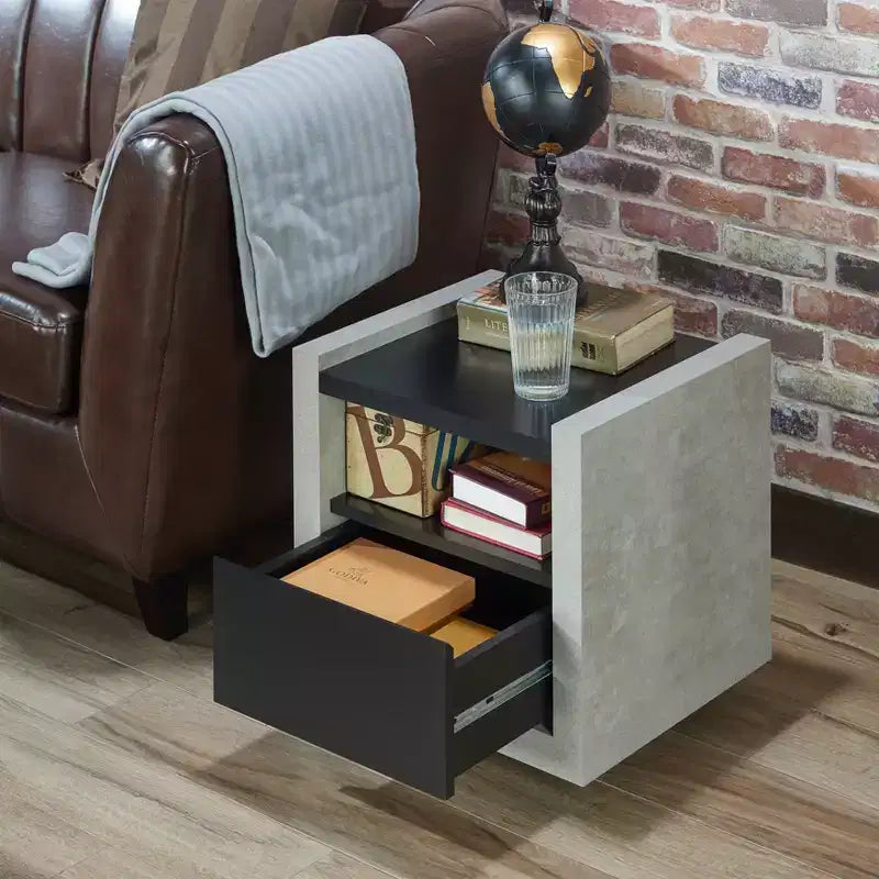 Tavolino industriale nero e grigio con cassetto e ripiano aperto