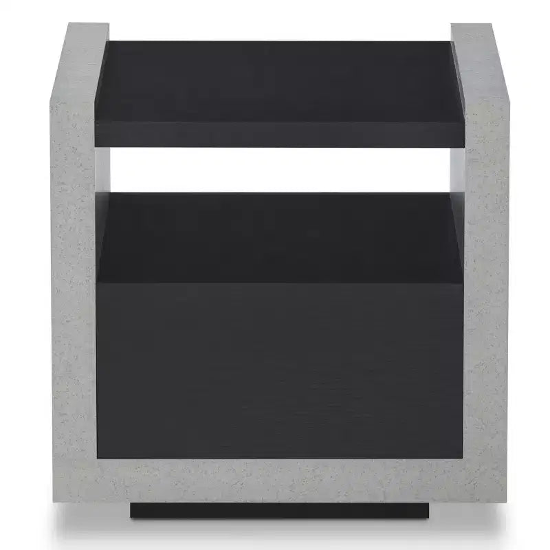 Tavolino industriale nero e grigio con cassetto e ripiano aperto