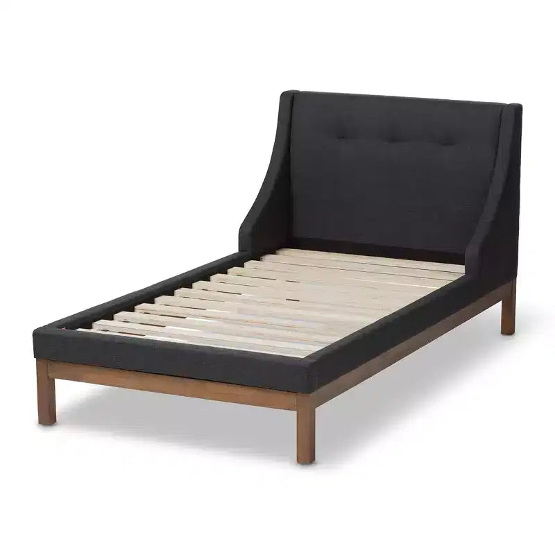 Letto a piattaforma in noce con rivestimento in grigio scuro, singolo/matrimoniale alla francese, 1 posto