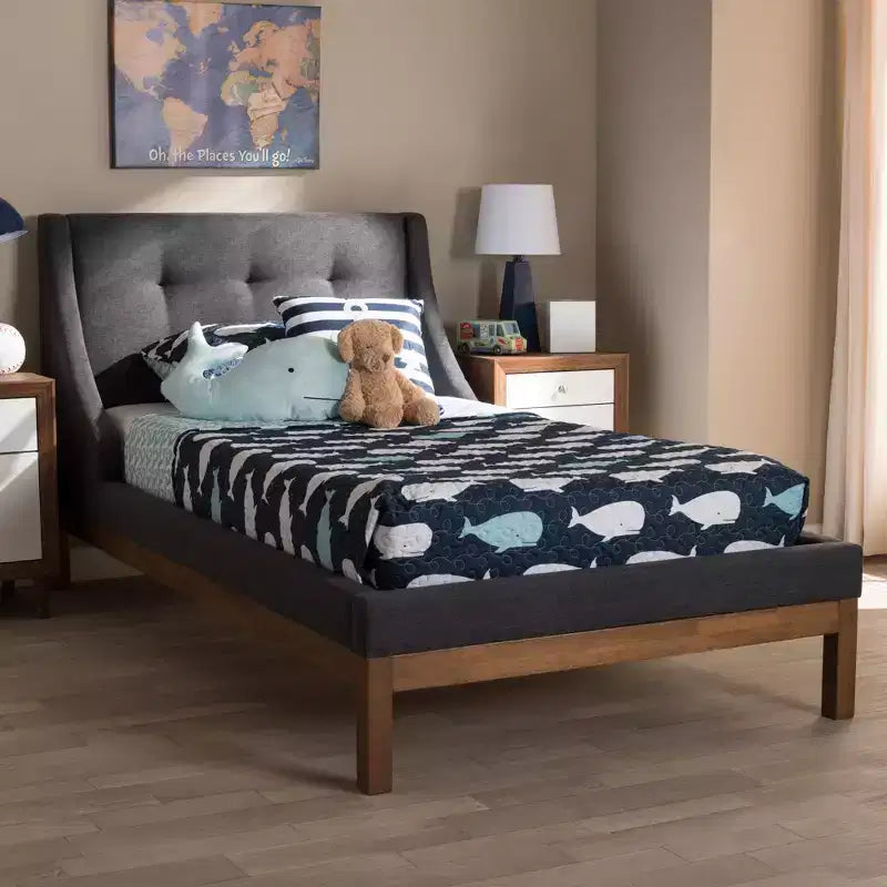 Letto a piattaforma in noce con rivestimento in grigio scuro, singolo/matrimoniale alla francese, 1 posto