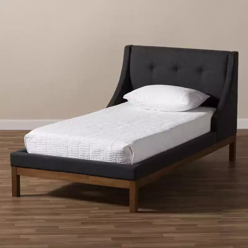 Letto a piattaforma in noce con rivestimento in grigio scuro, singolo/matrimoniale alla francese, 1 posto