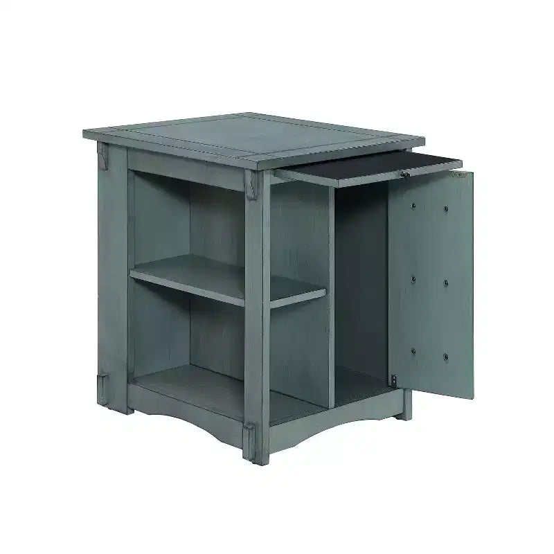 Tavolino quadrato grigio/verde acqua/marrone con spazio per riporre oggetti, per 1 persona