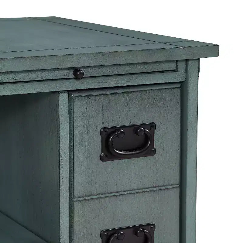 Tavolino quadrato grigio/verde acqua/marrone con spazio per riporre oggetti, per 1 persona
