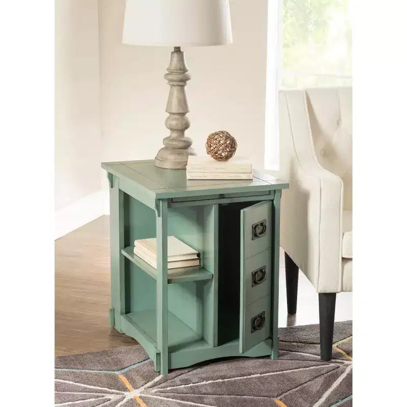 Tavolino quadrato grigio/verde acqua/marrone con spazio per riporre oggetti, per 1 persona