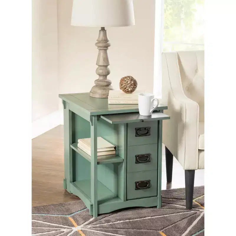 Tavolino quadrato grigio/verde acqua/marrone con spazio per riporre oggetti, per 1 persona