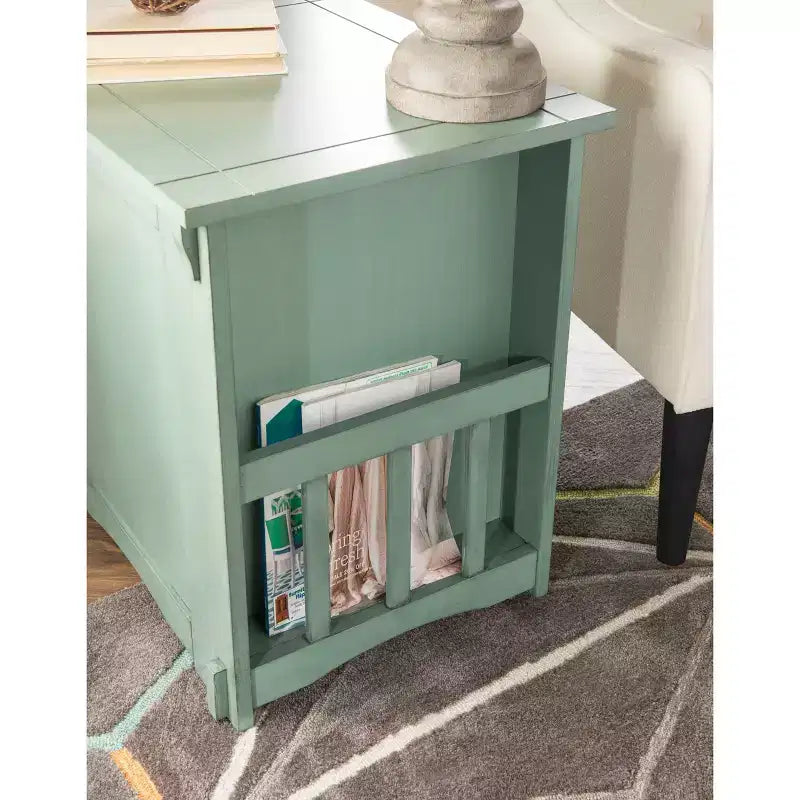 Tavolino quadrato grigio/verde acqua/marrone con spazio per riporre oggetti, per 1 persona