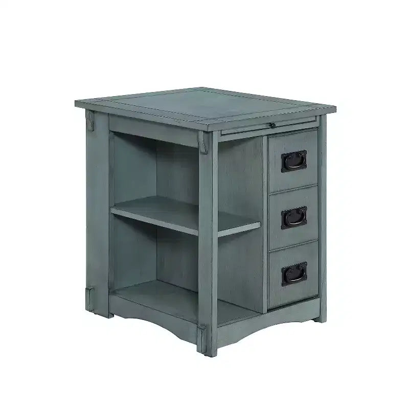 Tavolino quadrato grigio/verde acqua/marrone con spazio per riporre oggetti, per 1 persona