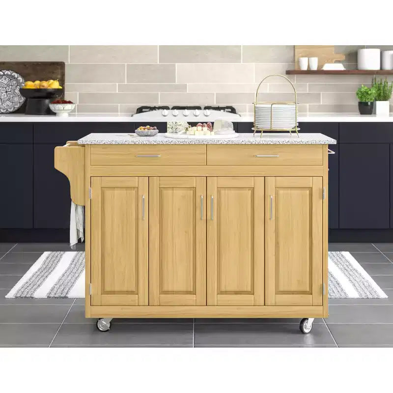 Carrello da cucina in legno naturale tinto con top in granito nero
