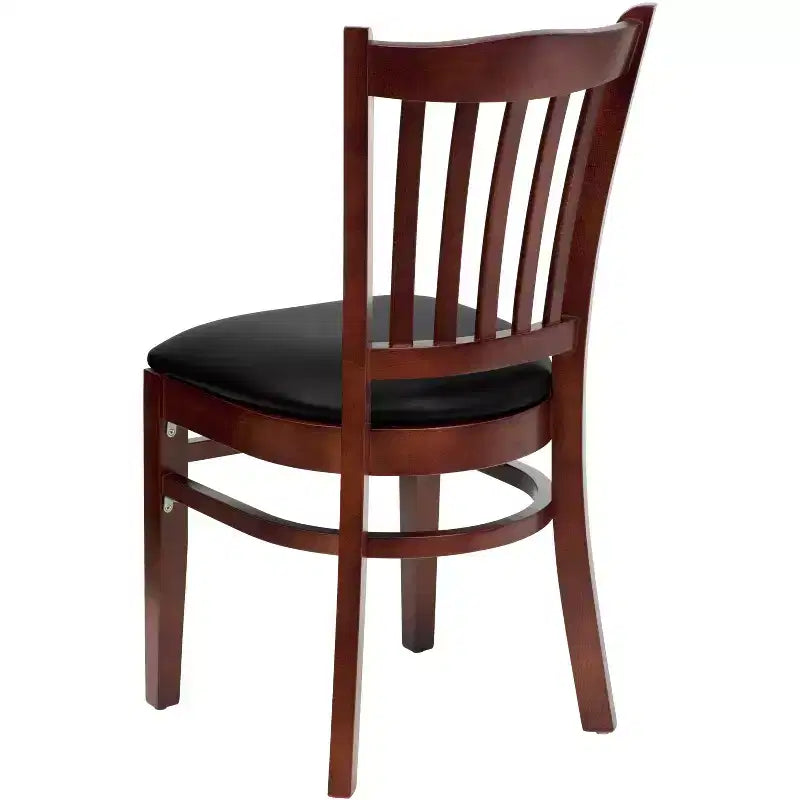 Sedia con schienale a doghe verticali, struttura in legno, seduta in vinile/legno, 1 posto