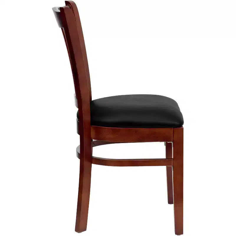 Sedia con schienale a doghe verticali, struttura in legno, seduta in vinile/legno, 1 posto