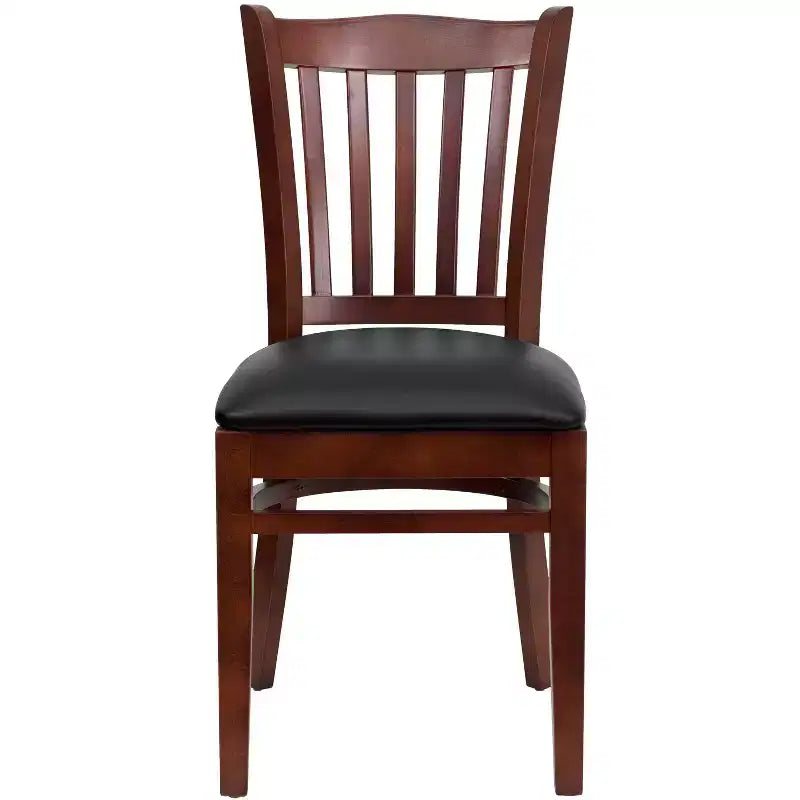 Sedia con schienale a doghe verticali, struttura in legno, seduta in vinile/legno, 1 posto
