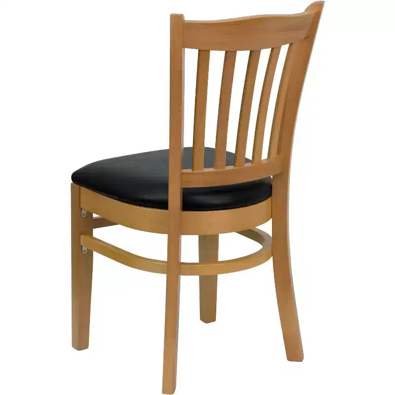 Sedia con schienale a doghe verticali, struttura in legno, seduta in vinile/legno, 1 posto