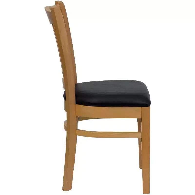 Sedia con schienale a doghe verticali, struttura in legno, seduta in vinile/legno, 1 posto