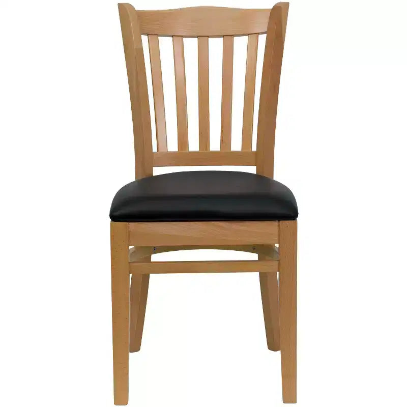 Sedia con schienale a doghe verticali, struttura in legno, seduta in vinile/legno, 1 posto
